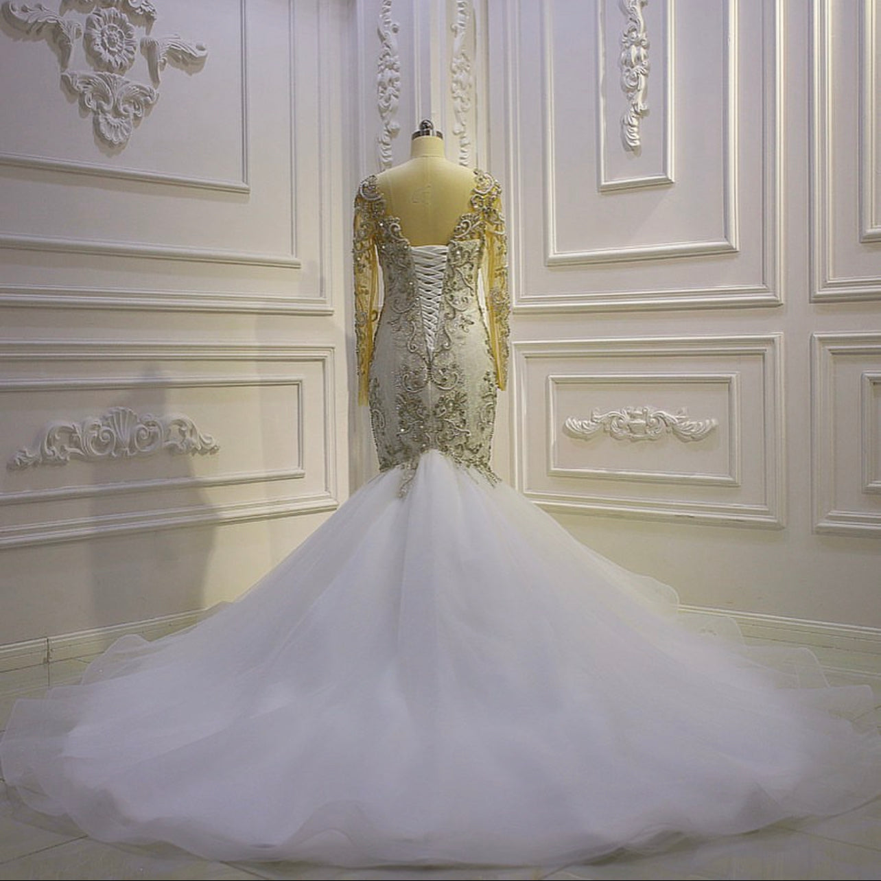 AM836 Long Sleeve Crystal Mermaid Wedding Dress