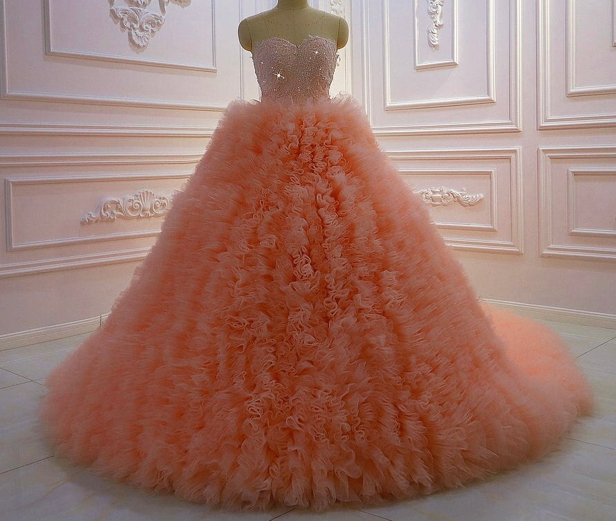 AM671 robe de mariee Strapless Lace Appliqued Tiered Pink Lolita Wedding Dress