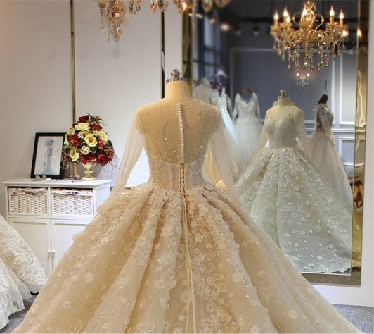 NS3622 luxury 3D flower embroidered Long sleeves ball gown wedding dress