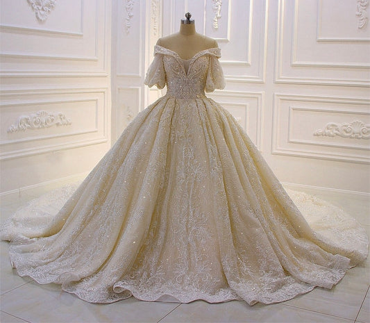 AM198 Off Shoulder Luxury Crystal Champagne Puff Sleeve Wedding Dress