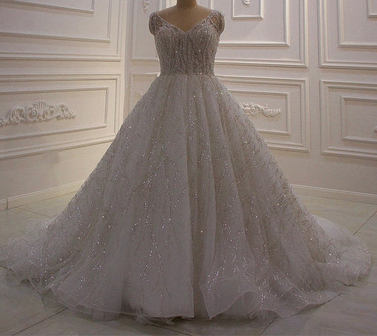 AM647 Cover Shoulder Lace Applique See Through Wedding dress Plus size