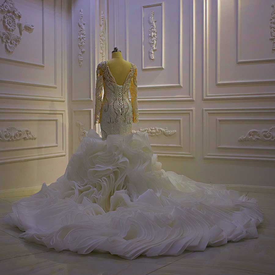 AM1078 Luxury Long Sleeve Lace Appliques Tiered Mermaid Wedding Dress