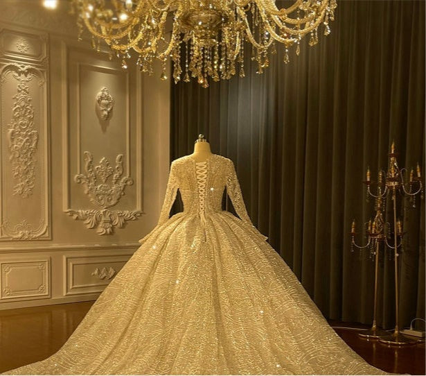 NS4252 Luxury long sleeve crystal beaded shiny ball gown royal train wedding dress