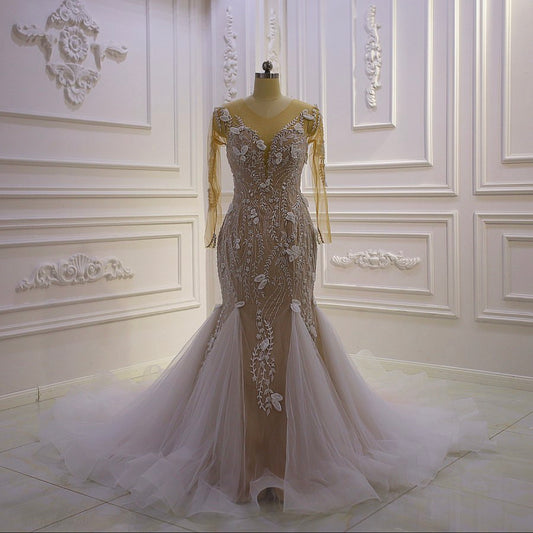 AM991 Top Quality Long Sleeves Flowers Champagne Mermaid Wedding Dress