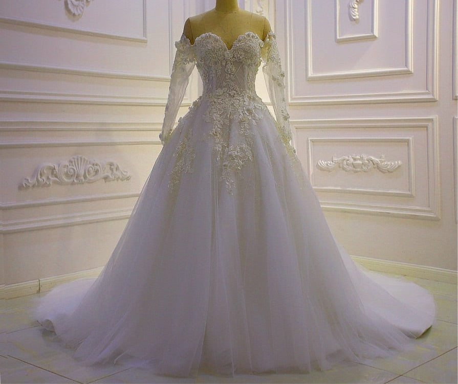 AM987 Casual Off Shoulder Lace Appliques A-Line Beach Wedding Dress