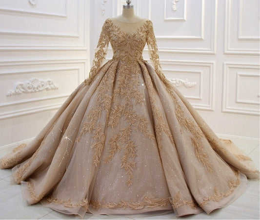AM181 Luxury Long Sleeve Puffy Ball Gown Crystal Shiny Wedding Dress