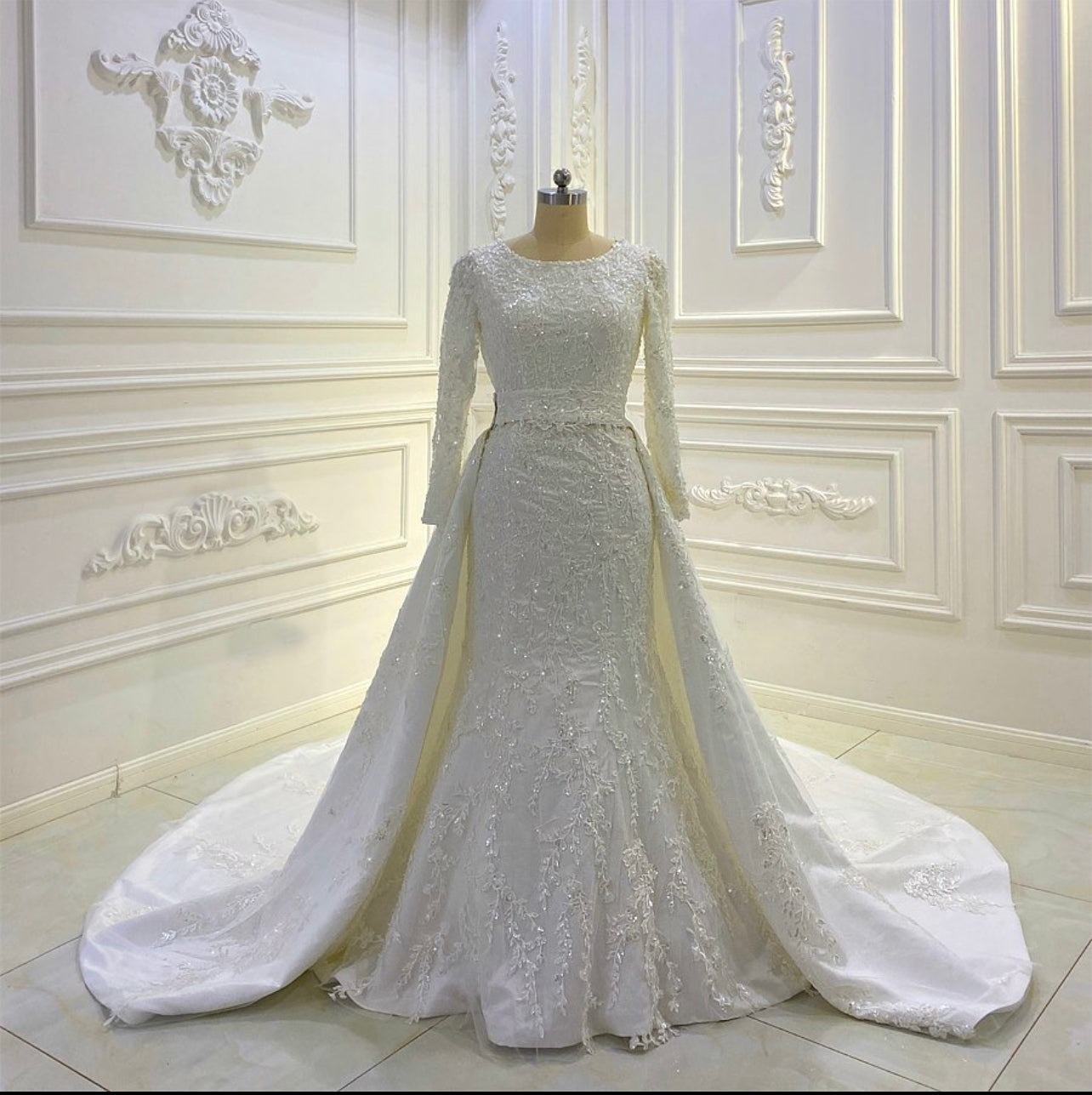 AM971 O-neck Lace Applique Muslim Mermaid Wedding dress With Detchable Skirt