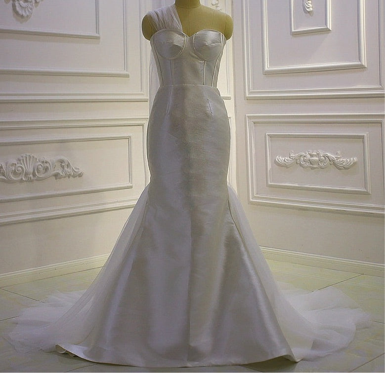 AM1012 vestido noiva civil One Shoulder Plain Satin Mermaid Wedding Dress