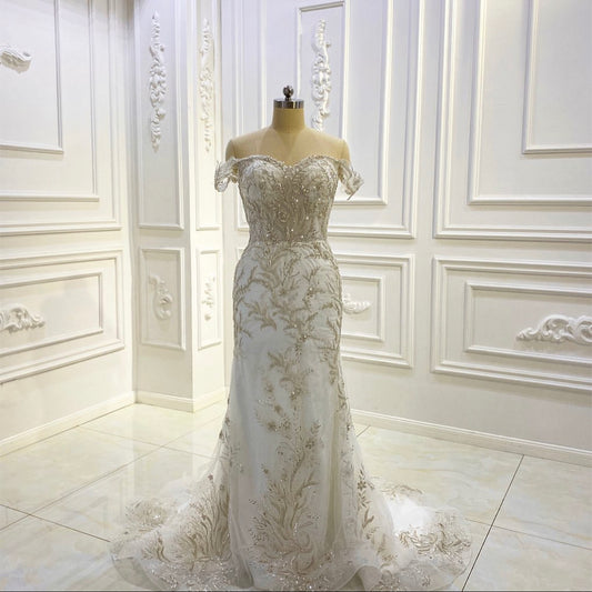 AM929 Off Shoulder Lace Appliqued Detachable Skirt Wedding dress