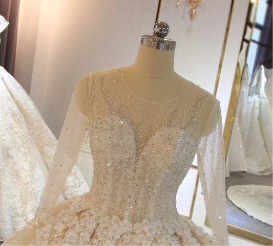 NS3622 luxury 3D flower embroidered Long sleeves ball gown wedding dress