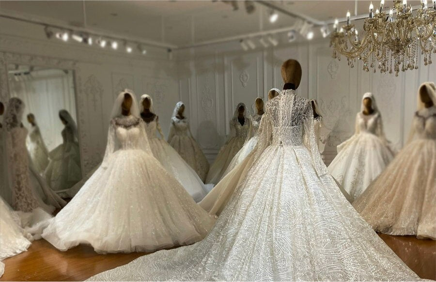 NS4231 High Neckline Lace Shiny pearl luxury royal train ball gown Wedding Dress