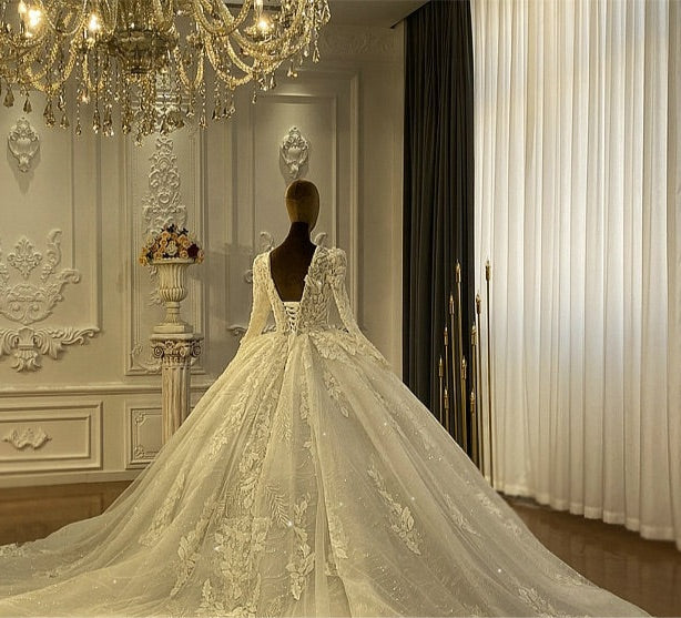 NS4453 High Quality Long Sleeve Appliqued Ball Gown Wedding Dress