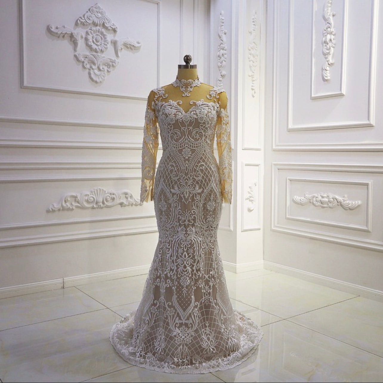 AM422 Long Sleeve Lace Appliqued Champagne Detachable Skirt Wedding Dress