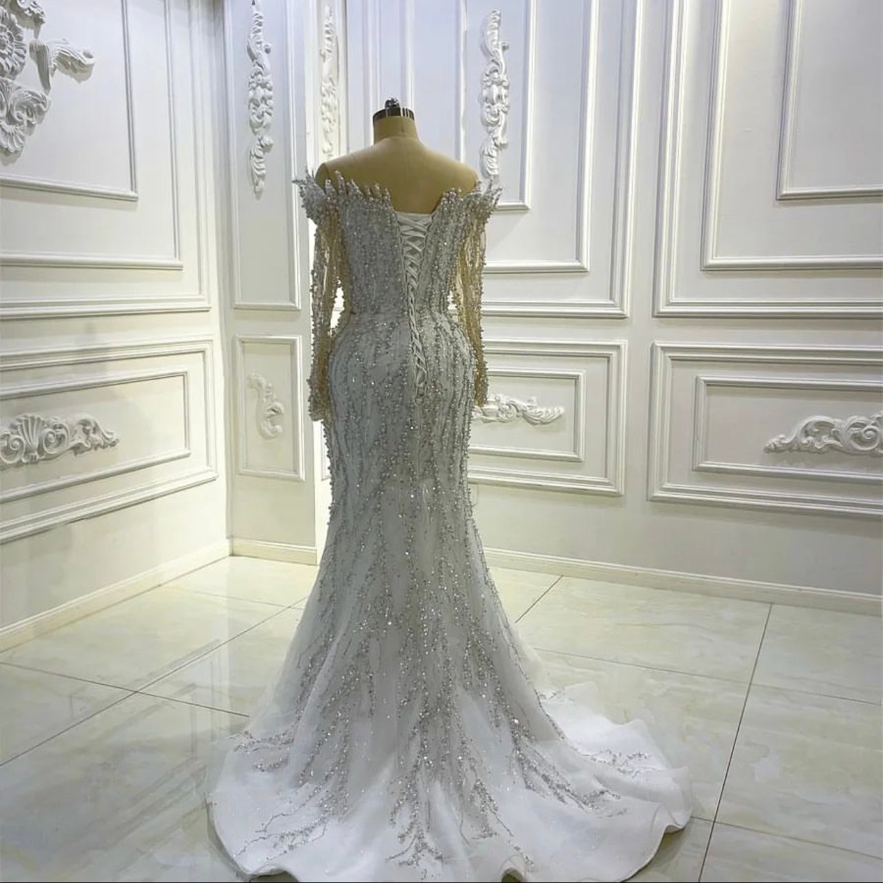 AM1365 Off The Shoulder Long Sleeve V-neck Full Beading Lace 2 in 1 Mermaid Wedding Dress
