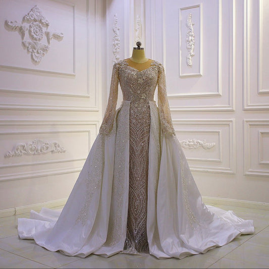 AM738 Long Sleeves Lace Appliqued Pearls Champagne Wedding Dress