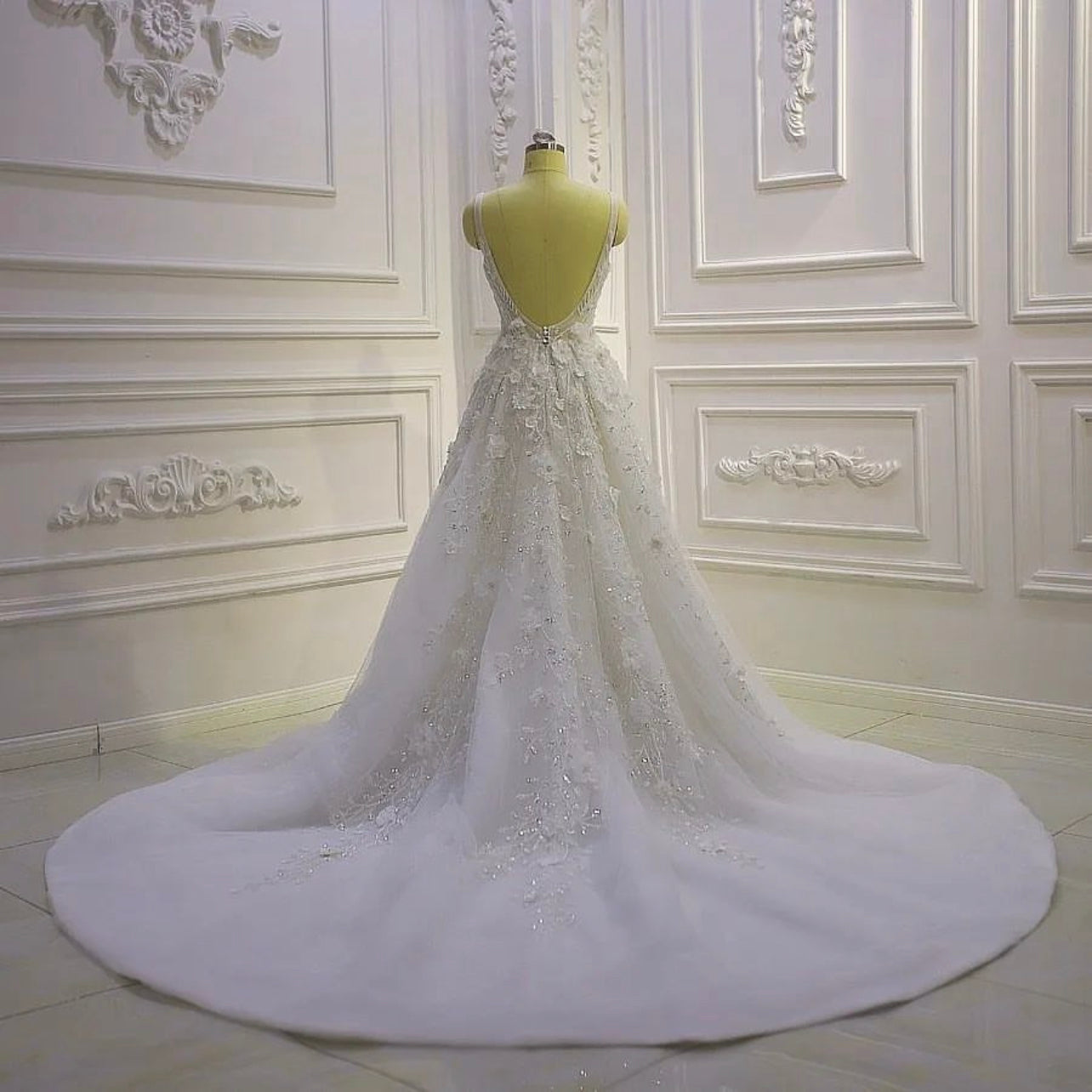 AM994 Spaghetti Straps Lace Appliqued Beach Casual High Slit Wedding Dress