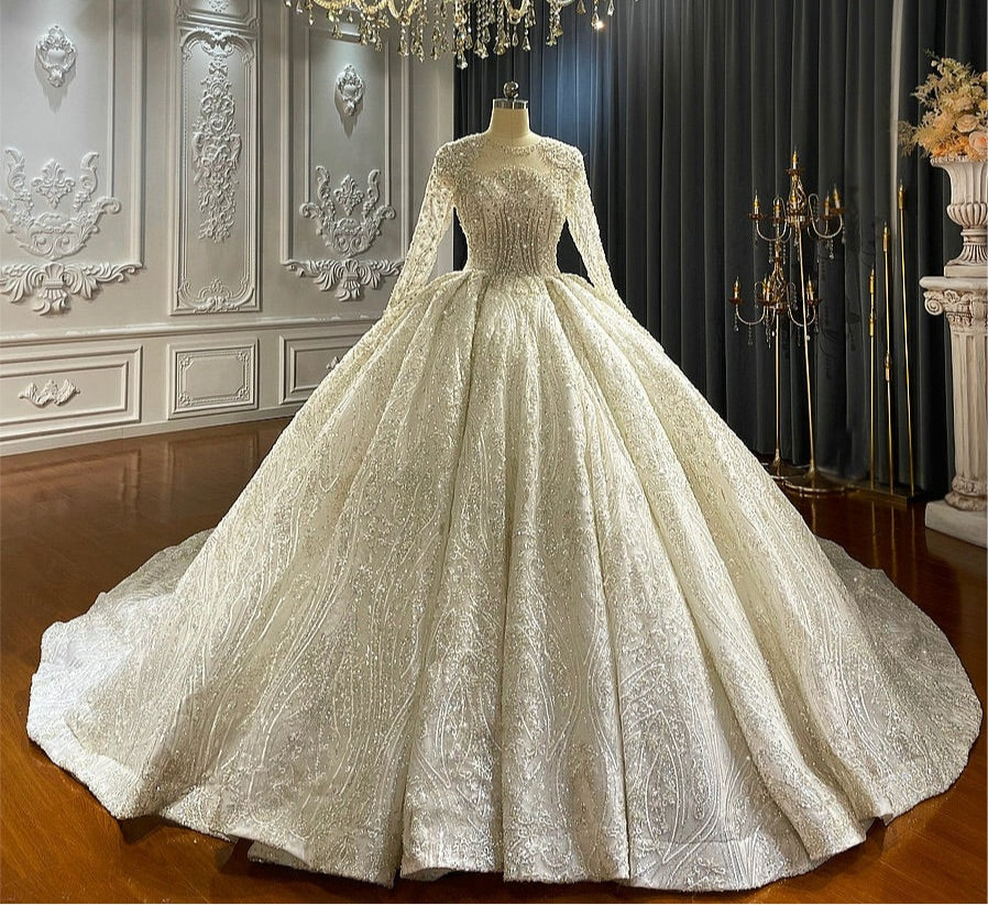 NS4252 Luxury long sleeve crystal beaded shiny ball gown royal train wedding dress