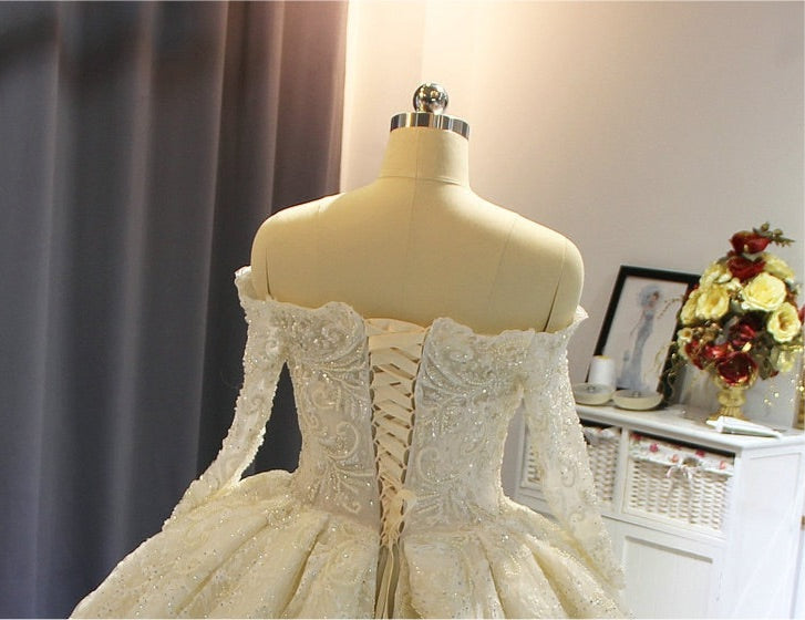 NS3525 Off the shoulder full crystal pearl beading luxury ball gown shiny shimmery wedding dress