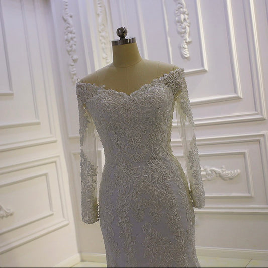 AM935 Off Shoulder Long Sleeve Lace Appliqued Removable Skirt Wedding dress