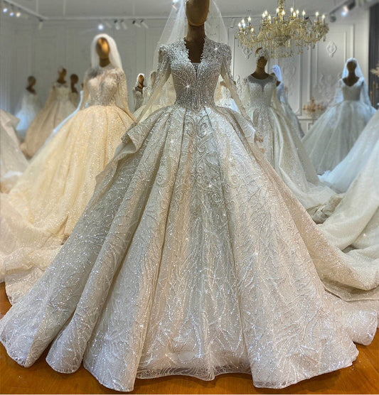 NS4466 Long sleeve shiny luxury ball gown wedding dress Aiso Bridal