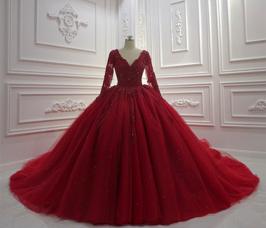 AM546 Bridal Gown Full Sleeve Long Sleeve Lace Applique Red Ball Gown Wedding Dress Long Sleeve